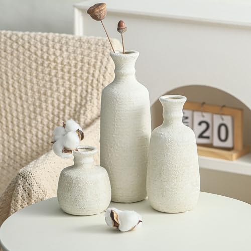 Ceramic Vase Set of 3, Neutral Rustic Vases Home Decor Farmhouse Decorative Vase Whitewashed Pottery Decor Boho Modern for Table Mantel Entryway Bookshelf Living Room Kitchen Bathroom Bedroom - White - Image 4