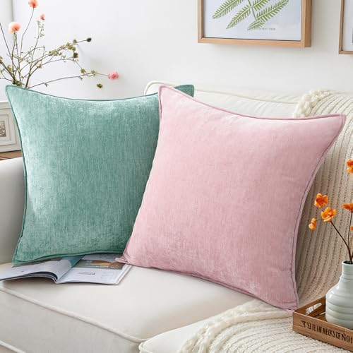 decorUhome Chenille Aqua Haze Velvet Throw Pillow Covers 24x24 Set of 2 - Image 4