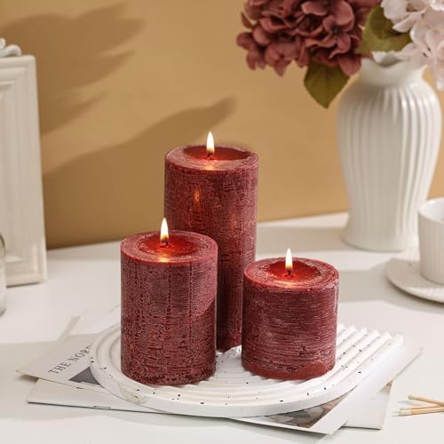 3x6 Inch Burgundy Pillar Candles Set of 3 - Hand-Poured Unscented Candles, Long Clean Burning, Dark Red Pillar Candle, Smokeless Dripless Candle for Dinner Table, Wedding, Home, Rustic Decor - Image 2