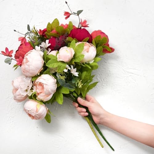 FiveSeasonStuff Burnt Pink and Dusty Pink Vintage Artificial Peonies Silk Flowers and Hydrangeas for Wedding Bridal Home Decor – Beautiful Floral Centerpiece Bouquet (Fireside Romance) - Image 5