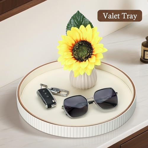 GORESE 12" Round Decorative Serving Tray for Coffee Table, PU Leather Compact Table Tray for Home Decor, Nightstand Valet Tray for Jewelry, Perfume & Keys, Cream White - Image 4