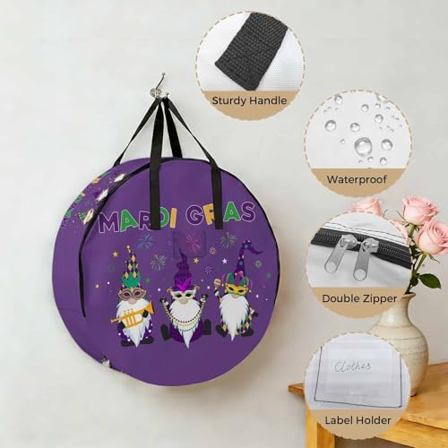 Mardi Gras Round Storage Bag 24 Inch, Carnival Gnome Mask Deep Purple Theme Clothes Storage Container with Handles Heavy Duty Organizer for Comforter, Bedding & Holiday Wreaths - Image 5