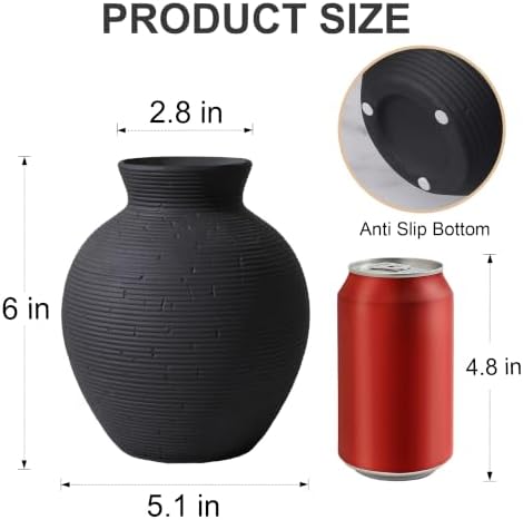Ceramic Flower Vase Home Decor, 6 in Farmhouse Table Black Vases Rustic Vintage Living Room Kitchen Bedroom Decorations Pottery Decorative Vase for House Book Shelf Office Coffee Desk Dining Fireplace - Image 5