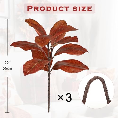 Briful Artificial Magnolia Leaves Stems 3 Pack 22in Orange Fake Magnolia Branches for Vase Fall Leaves Stems for Home Room Arrangements Centerpieces Thanksgiving Décor (Vase Not Included) - Image 2