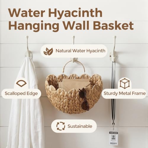 Scalloped Wicker Wall Basket, Water Hyacinth Hanging Basket with Handle - Image 2