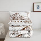 Windmill Comforter Set Full, Rustic Barn Farmhouse Bedding, Chick Cow Farm Animals Down Comforter, Hand Drawn Illustration Bedding Comforters, Countryside Rural Meadow Room Decor Duvet Set, Taupe - Image 4