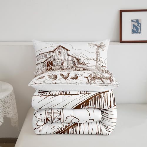 Windmill Comforter Set Full, Rustic Barn Farmhouse Bedding, Chick Cow Farm Animals Down Comforter, Hand Drawn Illustration Bedding Comforters, Countryside Rural Meadow Room Decor Duvet Set, Taupe - Image 4