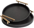 Decorative Serving Trays, Set of 2 Wood Modern Crocodile Leather Round Tray with Polished Metal Handles, Decorative Trays Coffee Table Tray Ottoman Platter for Home Decor (Black) by JUMBOHUMBLE