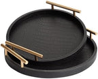 Decorative Serving Trays, Set of 2 Wood Modern Crocodile Leather Round Tray with Polished Metal Handles, Decorative Trays Coffee Table Tray Ottoman Platter for Home Decor (Black) by JUMBOHUMBLE