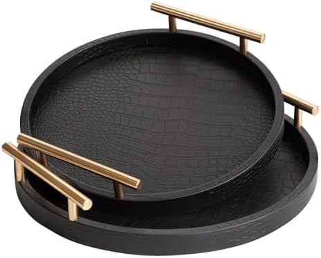 Decorative Serving Trays, Set of 2 Wood Modern Crocodile Leather Round Tray with Polished Metal Handles, Decorative Trays Coffee Table Tray Ottoman Platter for Home Decor (Black) by JUMBOHUMBLE