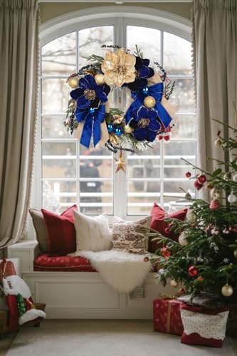 24" Christmas Wreath for Front Door with Blue Magnolia Artificial & Berries - Image 5