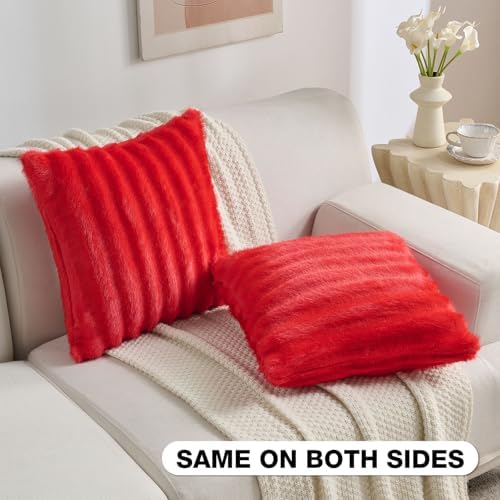 FUTEI Pack of 2 Faux Mink Fur Throw Pillow Covers 18x18 Inch, Red - Image 4