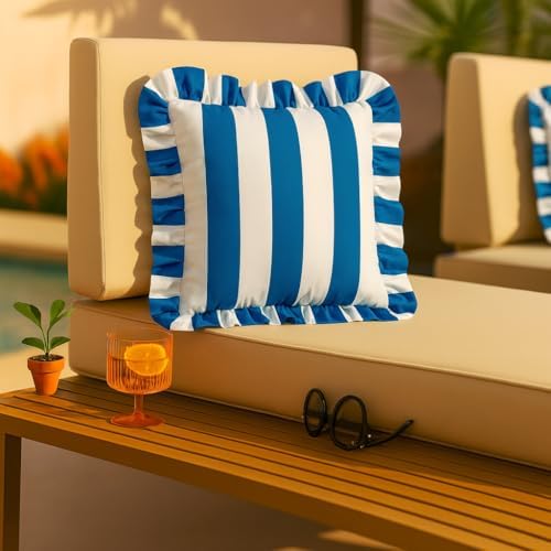 MONDAY MOOSE Decorative Throw Pillow Covers, Set of 2 Water-Resistant Striped Design with Ruffle Edge for Outdoor/Indoor Use, Pillow Inserts Not Included (20x20 inch, White/Blue) - Image 4