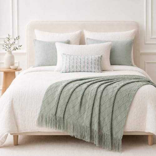 BATTILO HOME Sage Green Throw Blanket for Couch, Boho Bed Throws for Home Decor, Light Blue Throw Blanket for Sofa Living Room, 50"x60" - Image 3
