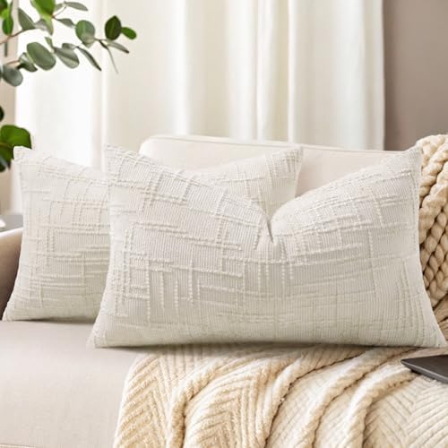 decorUhome Textured Chenille Throw Pillow Covers 12x20 Set of 2 Cream White by decorUhome