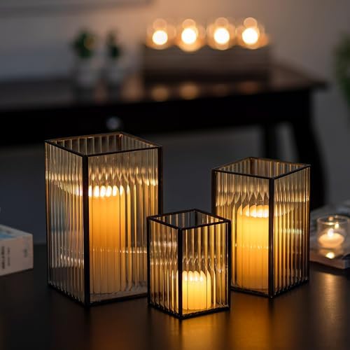 Glasseam 3Pcs Square Black Glass Hurricane Candle Holder for Pillar Candles by Glasseam