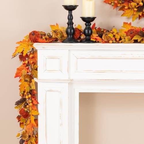 Glitzhome Fall Garland for Mantle, 6ft Velvet Pumpkin Garland with Pinecones Berries and Leaves, Fall Leaf Decor for Fireplace Shelf Home Display - Image 5