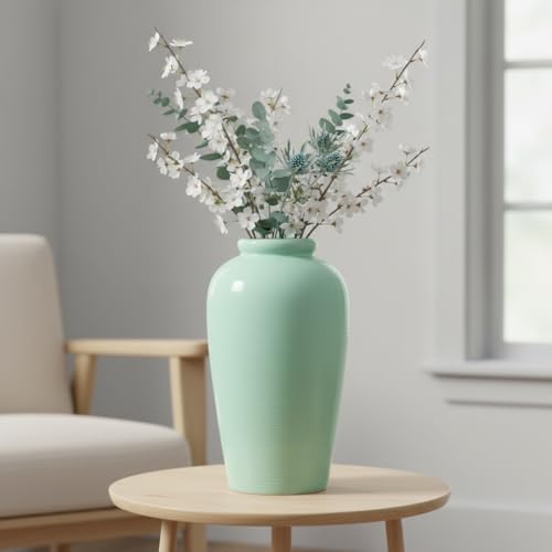 Green Ceramic Vase - 11 Inch Tall Modern Decorative Flower Vase for Living Room, Pottery Centerpiece Vases Home Decor, Eucalyptus, Mantel Decor, Side Table, Kitchen Decoration - Image 3