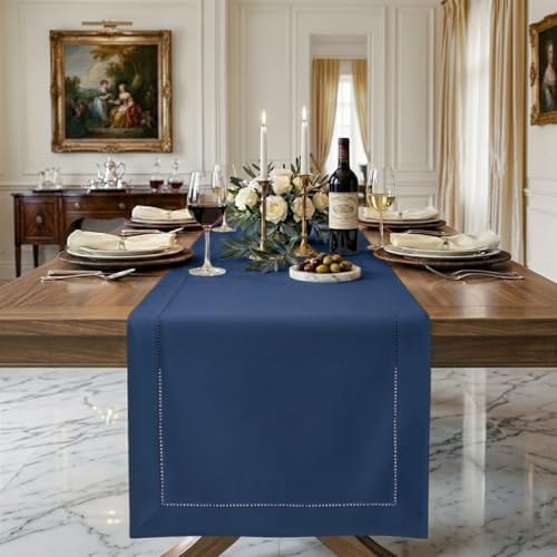 Signature Linen™ by D'Moksha, Navy Blue Table Runner 108 Inches Long, 100% Pure Linen, Hemstitch, 14 x 108 Inch Table Runner for Dresser, Dining- Fall, Weddings, Outdoor Hosting by DMokshaHomes
