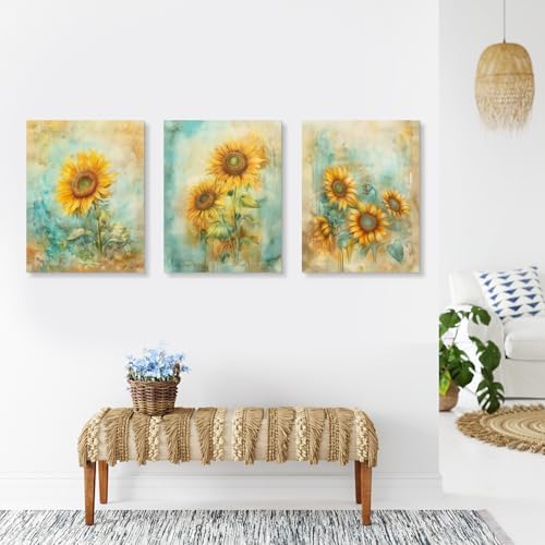 Zeredi Sunflowers Canvas Wall Art Prints, Vintage Impressionist Yellow Flowers Painting Wall Decor, Vintage Watercolor Style Artwork for Living Room Bedroom Framed Ready to Hang 12"x16" Set of 3 - Image 5