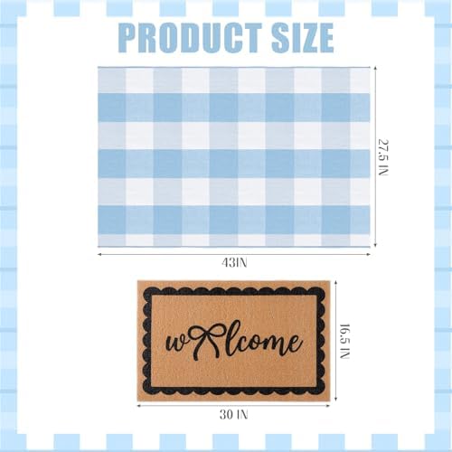 2 Pcs Blue Welcome Mats for Front Door Layered Buffalo Plaid Outdoor Rug - Image 2