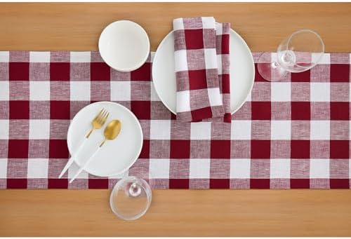Solino Home 100% Linen Table Runner, 14 x 132 in, Burgundy and White Check - Image 3