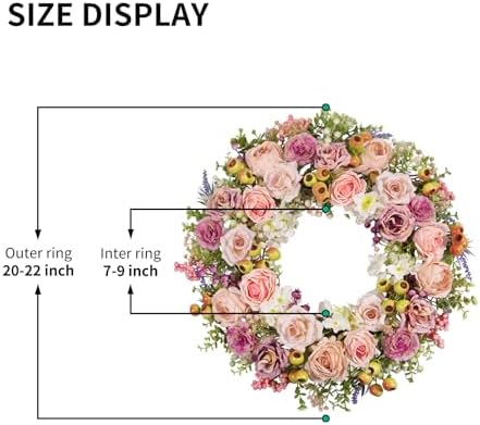 22 Inch Spring Summer Wreaths for Front Door, Vintage Pink Rose Floral Wreath with Pomegranate, Berries and Hydrangea, Lush Artificial Flowers Wreath for Home Decor, Easter - Image 3
