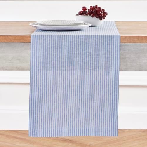 Solino Home 100% Pure Linen Table Runner, 14 x 120 in, Blue, Narrow Stripe by SolinoHome