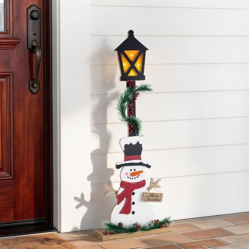 Glitzhome 36.75" H Lighted Christmas Snowman Porch Sign,Whimsical Wooden Porch Decor with Illuminated Street Lamp & Timer,Merry Christmas Sign for Holiday Front Porch Outdoor Decorations - Image 5