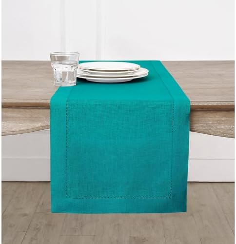 Solino Home 100% Pure Linen Table Runner Teal Hemstitch, 14 x 144 in by SolinoHome