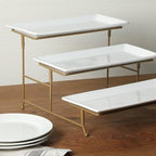 Gibson Home Gracious Dining Dinnerware, 3-Tier Rectangle Plate Serving Set with Gold Metal Stand, White - Image 4