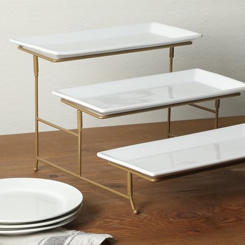 Gibson Home Gracious Dining Dinnerware, 3-Tier Rectangle Plate Serving Set with Gold Metal Stand, White - Image 4