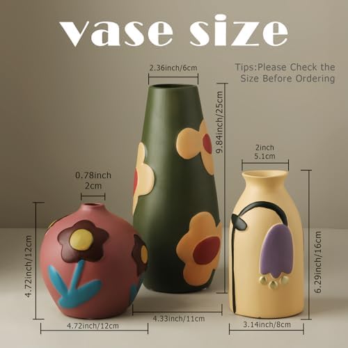Vintage Ceramic Vase, Minimalist Texture Stone Patterned White Flower Vase, Decorative Vase for Living Room Shelf Farmhouse Dining Table Centerpiece Decor (Colorful Rustic-3 Pack) (Rustic-3 Pack) - Image 2