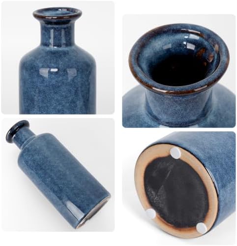 Ceramic Vase Set of 3, Deep Blue Glazed Bud Vases for Home Decor, Modern Farmhouse Decorative Blue Vases for Flowers, Table Centerpiece Set for Dining Room Living Room Kitchen Shelf Mantel - Image 7