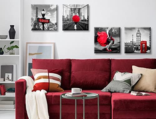 JiazuGo Red Paris Decor for Bedroom Black and White Wall Art for Living Room Eiffel Tower Decor Red City Buildings Canvas Pictures Brooklyn Bridge London Big Ben Modern Art Valentine'S Day - Image 4