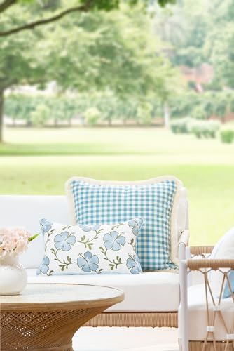 Hofdeco Premium Coastal Patio Indoor Outdoor Lumbar Pillow Cover Only, 12"x20" Water Repellent for Backyard, Couch, Baby Blue Green Embroidered Hibiscus Floral with Piping (Pack of 2) - Image 2