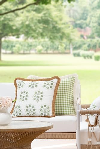 Hofdeco Premium Coastal Patio Indoor Outdoor Throw Pillow Cover Only, 20"x20" Water Repellent for Backyard, Couch, Green Embroidered Floral with Fringe - Image 2