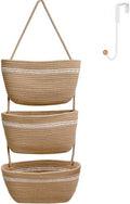 Over the Door Hanging Basket for Organizing 3 Tiers Woven Cotton Rope Wall Mount Storage basket Decorative Kitchen Hanging Organizer Bathroom include 1door hook Flaxen by ililmmoe