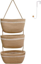 Over the Door Hanging Basket for Organizing 3 Tiers Woven Cotton Rope Wall Mount Storage basket Decorative Kitchen Hanging Organizer Bathroom include 1door hook Flaxen by ililmmoe