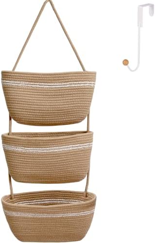 Over the Door Hanging Basket for Organizing 3 Tiers Woven Cotton Rope Wall Mount Storage basket Decorative Kitchen Hanging Organizer Bathroom include 1door hook Flaxen by ililmmoe