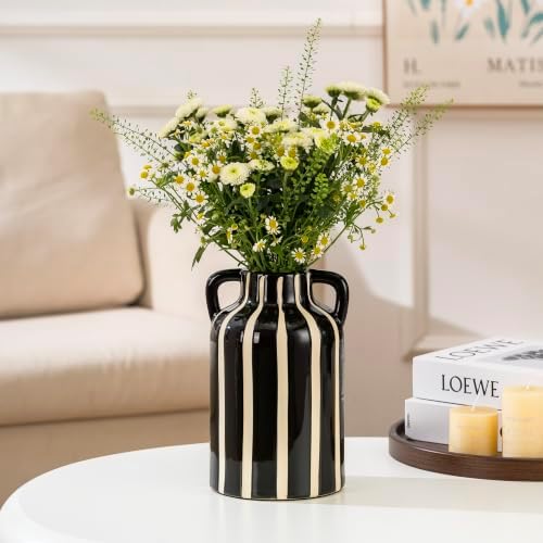 SURE YUESI Black Ceramic Vase with Handles, Modern Farmhouse Striped Decorative Vase, 9.1" Art Deco Tall Flower Vases for Pampas Grass, Shelf Decor, Dining Table Centerpiece, Living Room Home Decor - Image 3