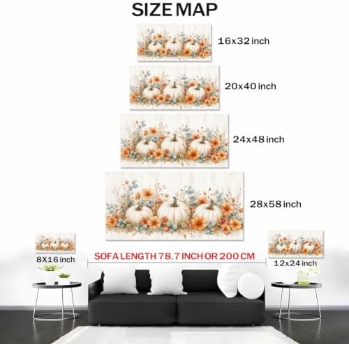 WAXWHELK Pumpkin Fall Canvas Wall Art, White Pumpkins and Orange Flowers Autumn Painting Pictures, Rustic Farmhouse Artwork for Living Room Bedroom Thanksgiving Home Decor (24"x47") - Image 5