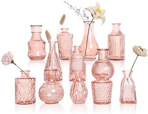Pink Bud Vases in Bulk 12, Vintage Small Vases for Flowers, Clear Mini Glass Vase for Centerpieces, Decorative Embossed Flower Vase for Wedding Table Decoration, Baby Shower, Birthday Party by GarDream