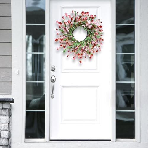 24" Spring Wreaths for Front Door Not Withering Artificial Floral Wreath with Wildflowers Summer Decorations for Indoor Outdoor Window Wall Farmhouse Porch Wedding Easter Home Decor Red Pink - Image 5