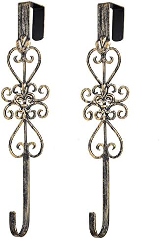 2 PCS Wreath Hangers for Front Door, 15" Over Door Wreath Hook, Fleur Dis Lis Wreath Hanger for Doors, Metal Overdoor Wreath Holder, 20 lbs Christmas Decorations Wreaths Hook- Vintage Gold by Ironlux