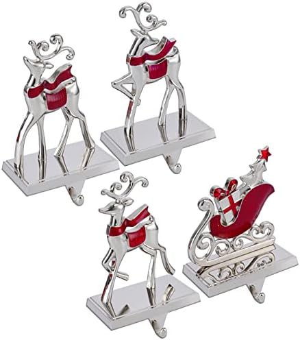 Set of 4 Reindeer Christmas Stocking Hangers for Mantel Xmas Stocking Hooks for Fireplace Mantle,Metal Free Standing Indoor Sleigh Stocking Holder for Christmas Decorations (Red Reindeer Set) - Image 2