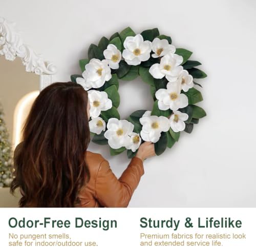 24 Inch Artificial Magnolia Wreath, Spring Summer Year-Round Decor, Faux Floral Wreaths for Front Door, Porch, Living Room, Bedroom, Wall - Image 5