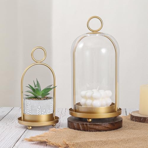 Versatile Metal Candle Holder Set with Handmade Glass Dome,Antique Brass Pillar Candle Stand, 5.2" & 4.1" Wide for Tabletop or Hanging, Industrial & Farmhouse Decor - Image 5
