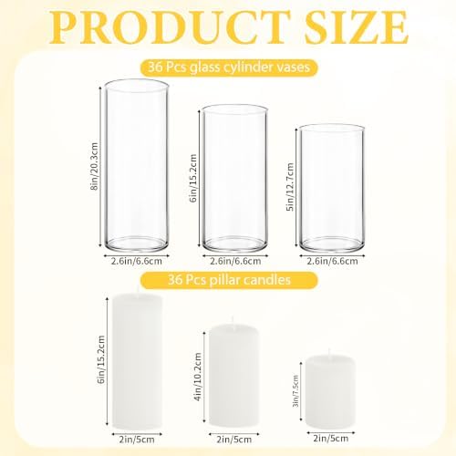 36-Pack White Pillar Candles (2''X3,4,6) & 36-Pack Glass Cylinder Vases(2.6''X5,6,8),Hurricane Candles,Wedding Centerpiece Decor Set-Mixed Heights for Table, Proposal, Event. - Image 2