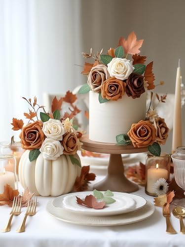 InnoGear Artificial Flowers, 50 Pcs Shades of Earth Tones Foam Fake Roses Bulk with Stems for Autumn Fall Decoration DIY Wedding Bouquets Centerpieces Bridal Shower Party Christmas Tree - Image 4